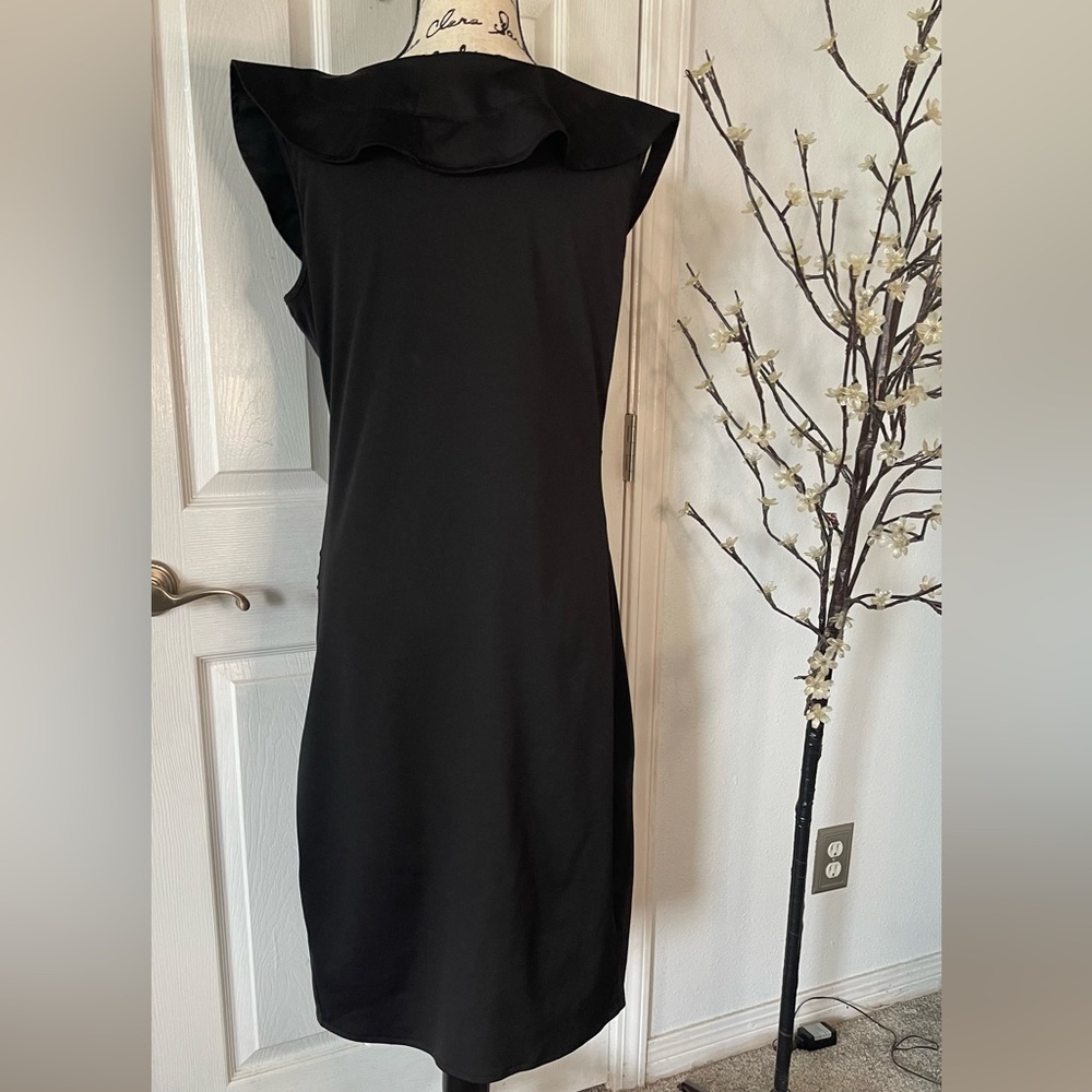 Lovely Black Dress with Deep V Neckline and ruffle around Collar, Sexy Chic! - Picture 4 of 10